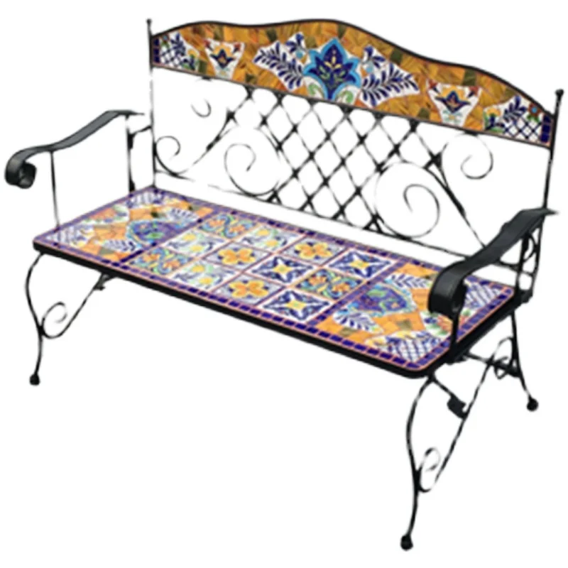 American - Mexican Outdoor Wrought - iron Leisure Park Chair and Bench with Characteristic Porcelain Mosaic.