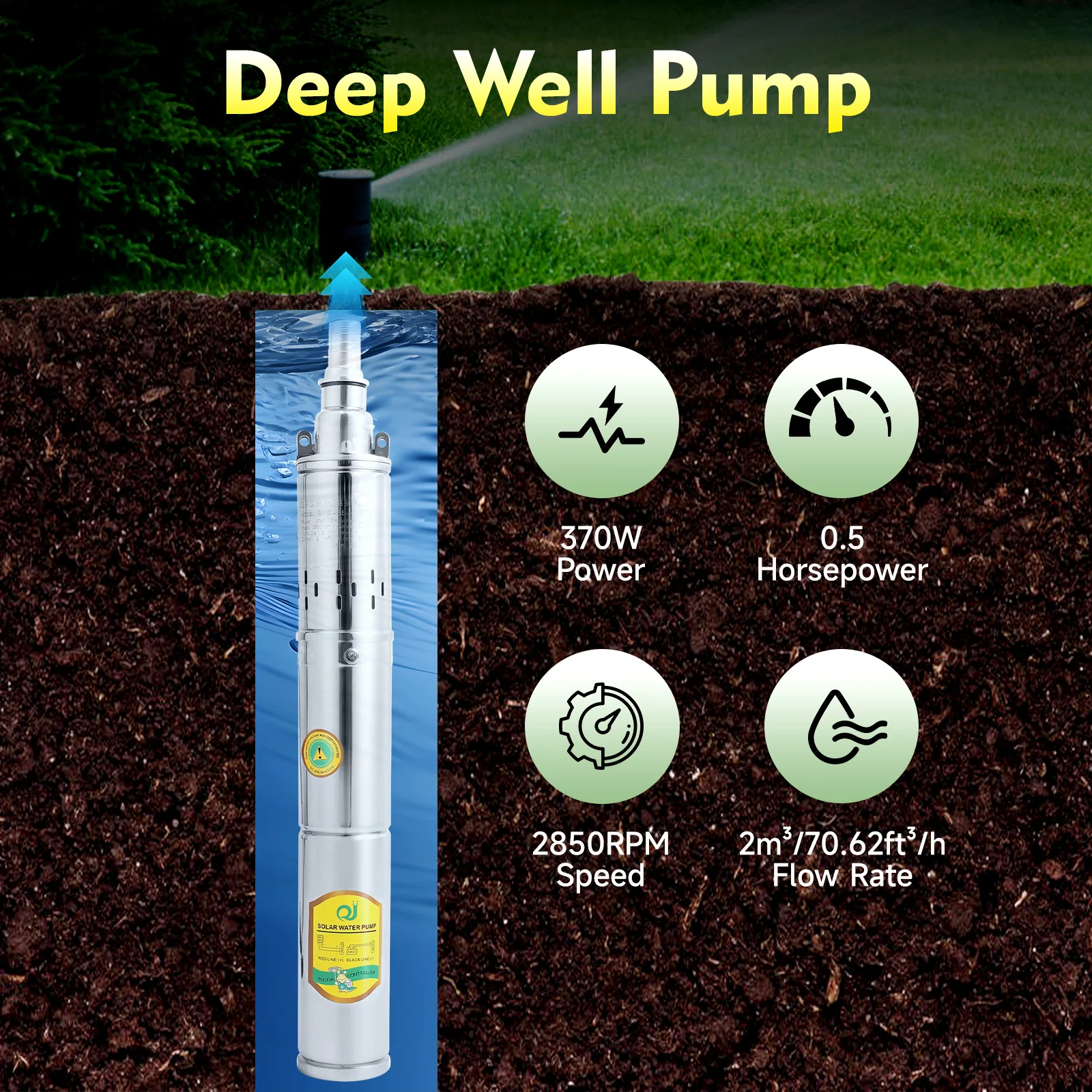 Submersible Water Pump Energy Saving Solar Energy Deep Well Pump 370W 24V 65M Lift Max Flow 2M³/H For Irrigation
