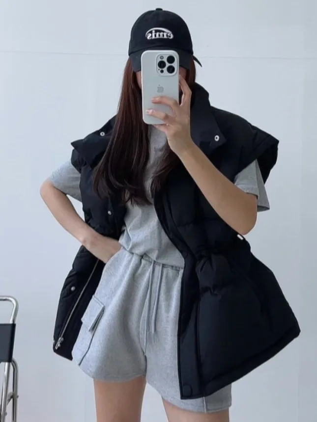 

Chic Autumn Winter Thiened Cotton Vest Women's Faion Stand Collar Single Button Waist Cinched Versatile Outerwear Jaet