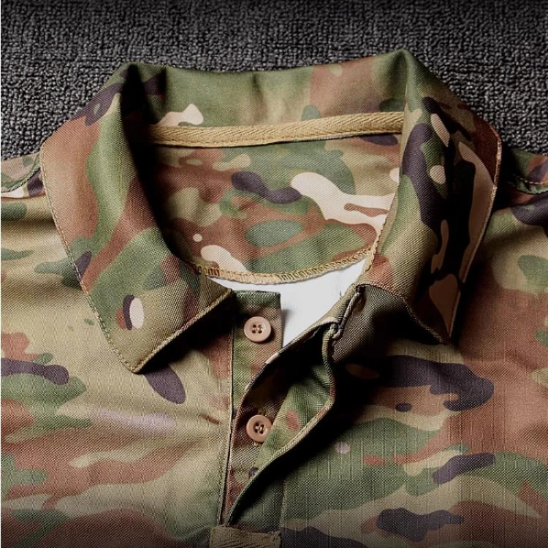 Quick Drying Mens Camo T-shirt Cotton Breathable Pockets Summer Outdoor Tactical Tops Lapel Elasticity Combat Tees Size S-4XL