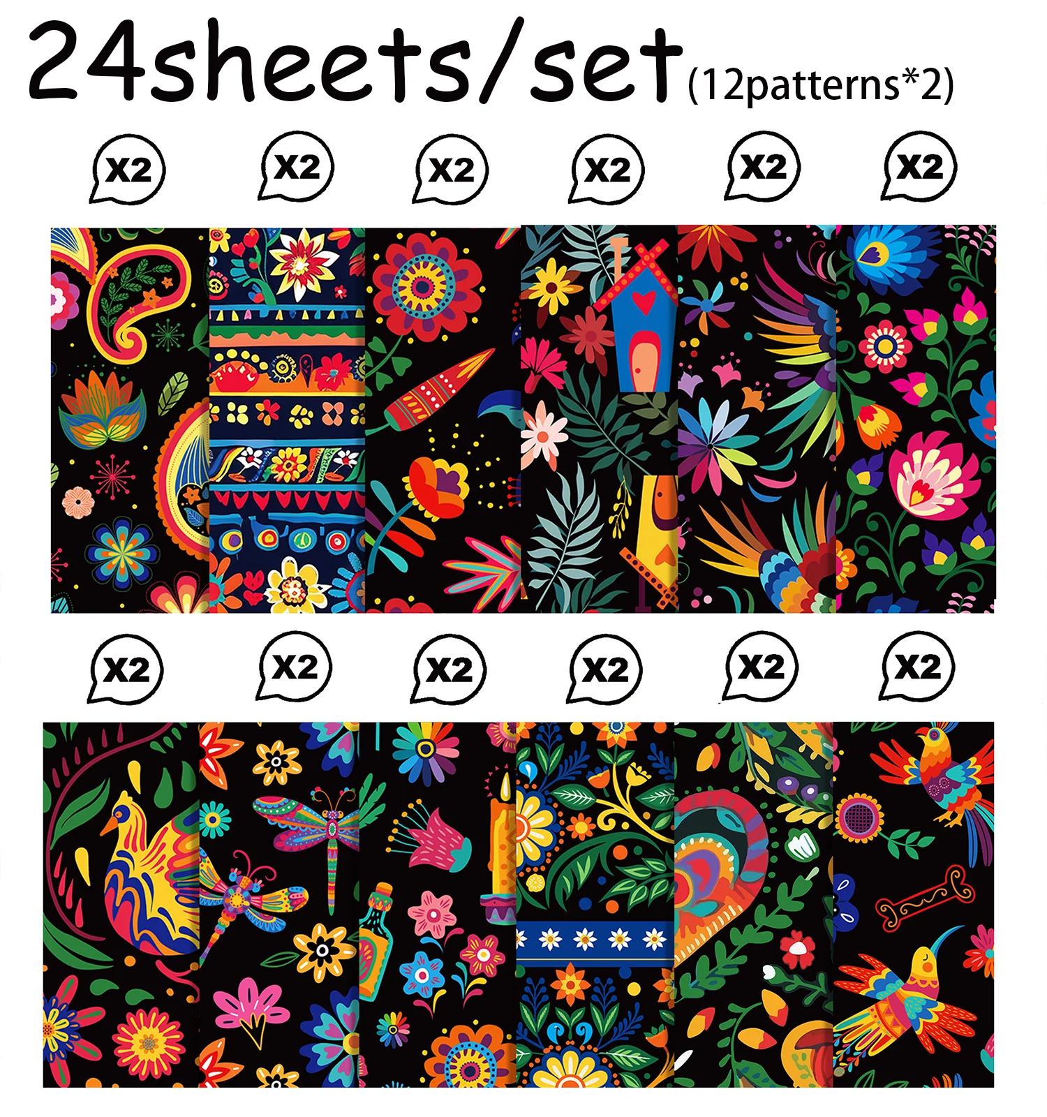 24pcs Mexican Scrapbook Paper DIY Craft Art Background Paper Colorful Floral Pattern Origami Card Making Photo Album Decoration