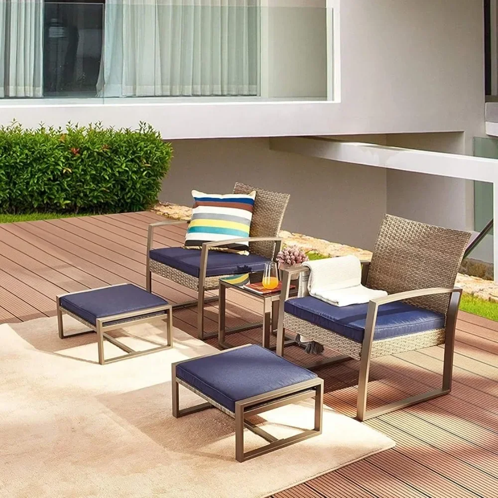 

5 Piece Outdoor Conversation Set Furniture PE Rattan All Day Upholstered Chairs Balcony Porch, Glass Coffee Side Table