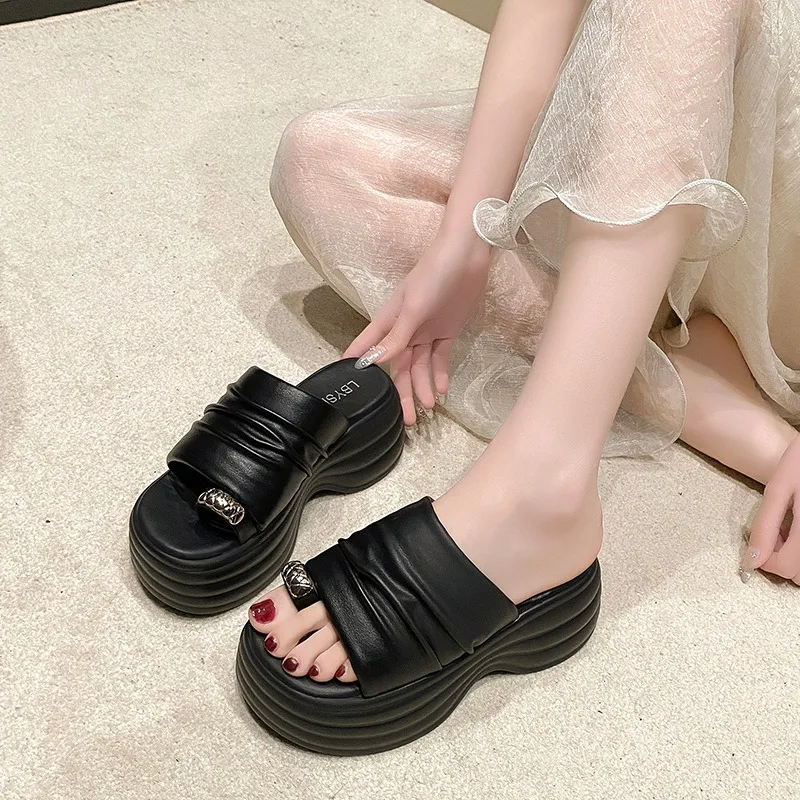 Sandal pantai Wedge kasual untuk wanita, sandal jepit jari terbuka nyaman musim panas untuk wanita