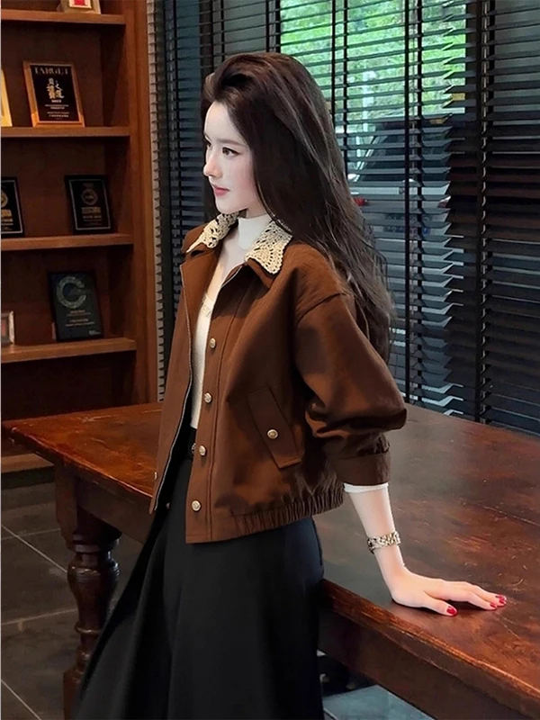 

Retro Sle Coffee Lace Splicing ort Jaet Women's Faion Loose Feelings Autumn New Leisure Jaet Top Trendy Outerwear