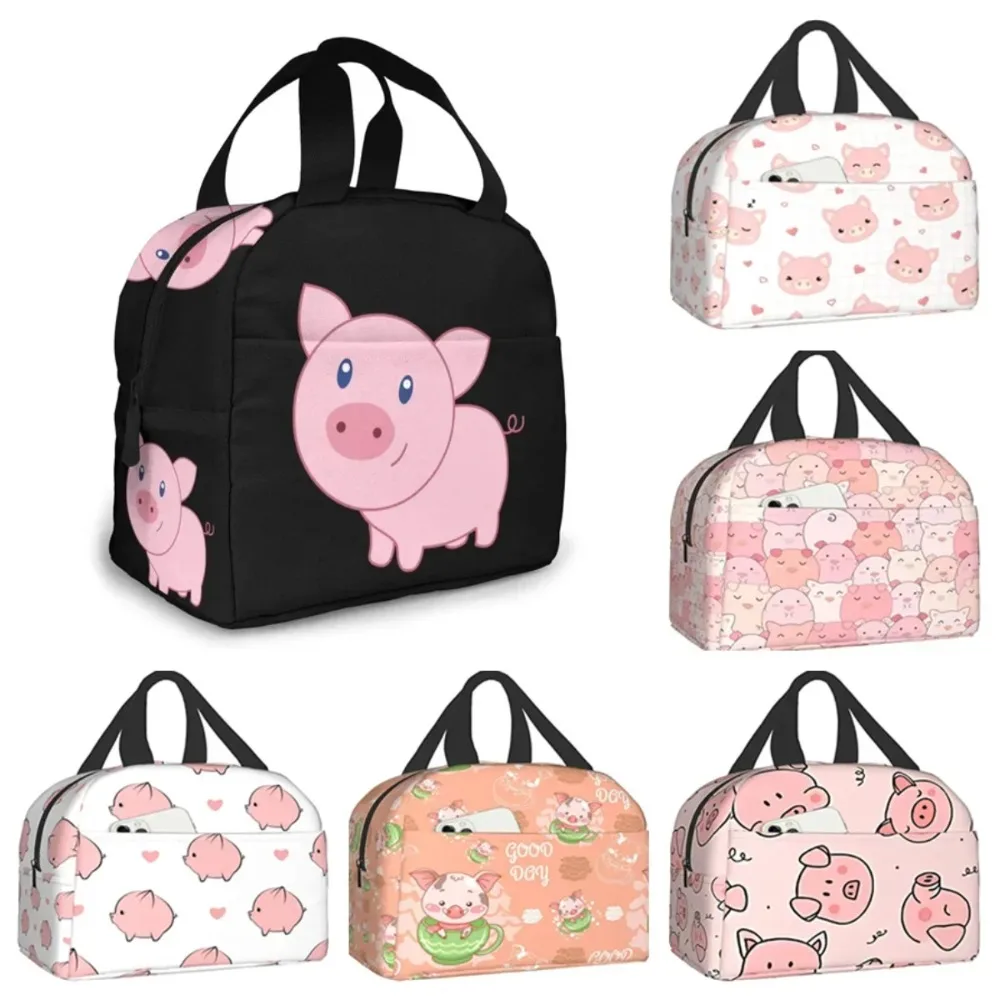 Lancheiras fofas de porco de desenho animado para mulheres e homens, lancheira isolada, sacola bento com bolso frontal para escritório, escola, piquenique