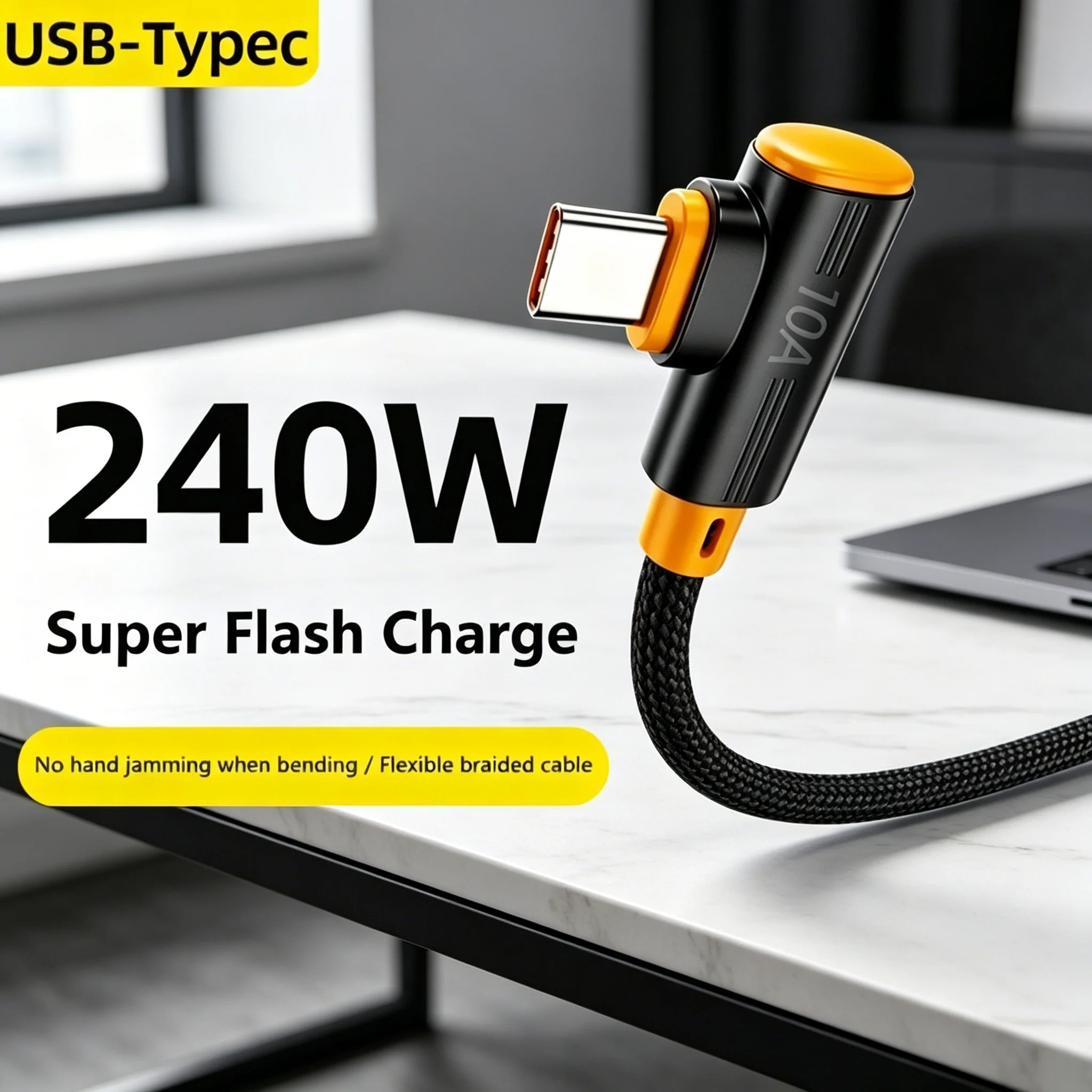 240W 10A Super Fast Charging Cable 90 Degree Elbow USB To Type C Phone Nylon Braided Data Cord 1M 1.5M 2M 3M For Samsung Xiaomi