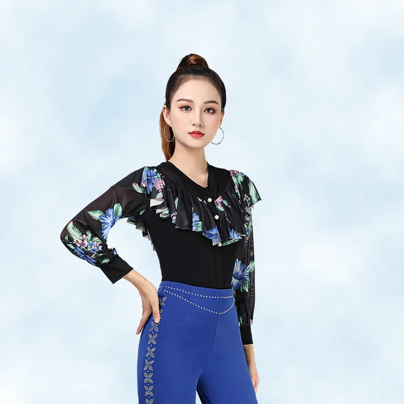 New Long Sleeve Square Dance Jitba Dance Dress Modern Dance Ballroom Dance Lantern Sleeve Top