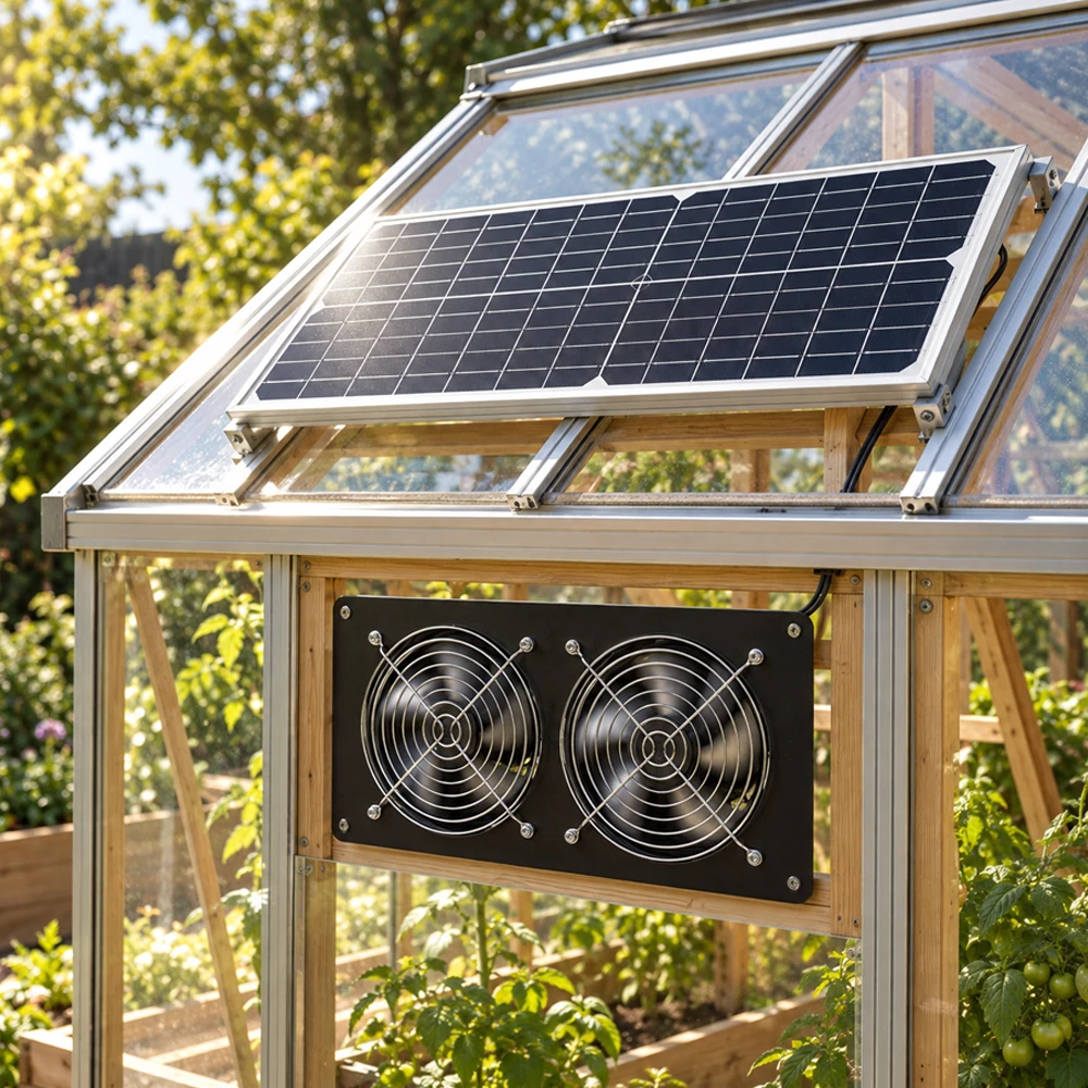 Solar Powered Dual Exhaust Fan Solar Panel Fans 18V 16W Solar Panel + Dual Air Extractor for Shed Attic Greenhouse Animal House