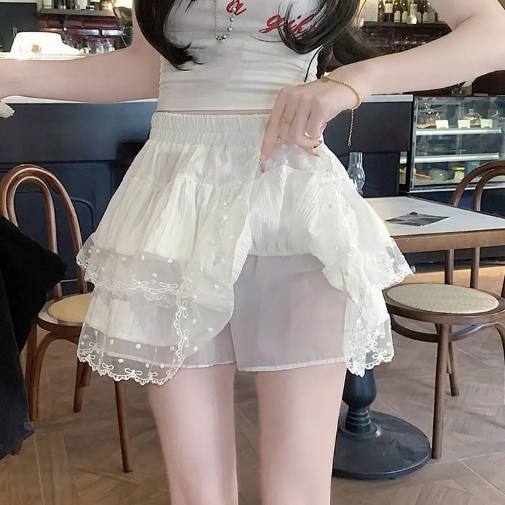 Fashion Dots Puffy Cake Skirt Women High Waist Sweet Lace Bowknot Short Skirt Textured with Safty Pant A-Line Short Skirt Women