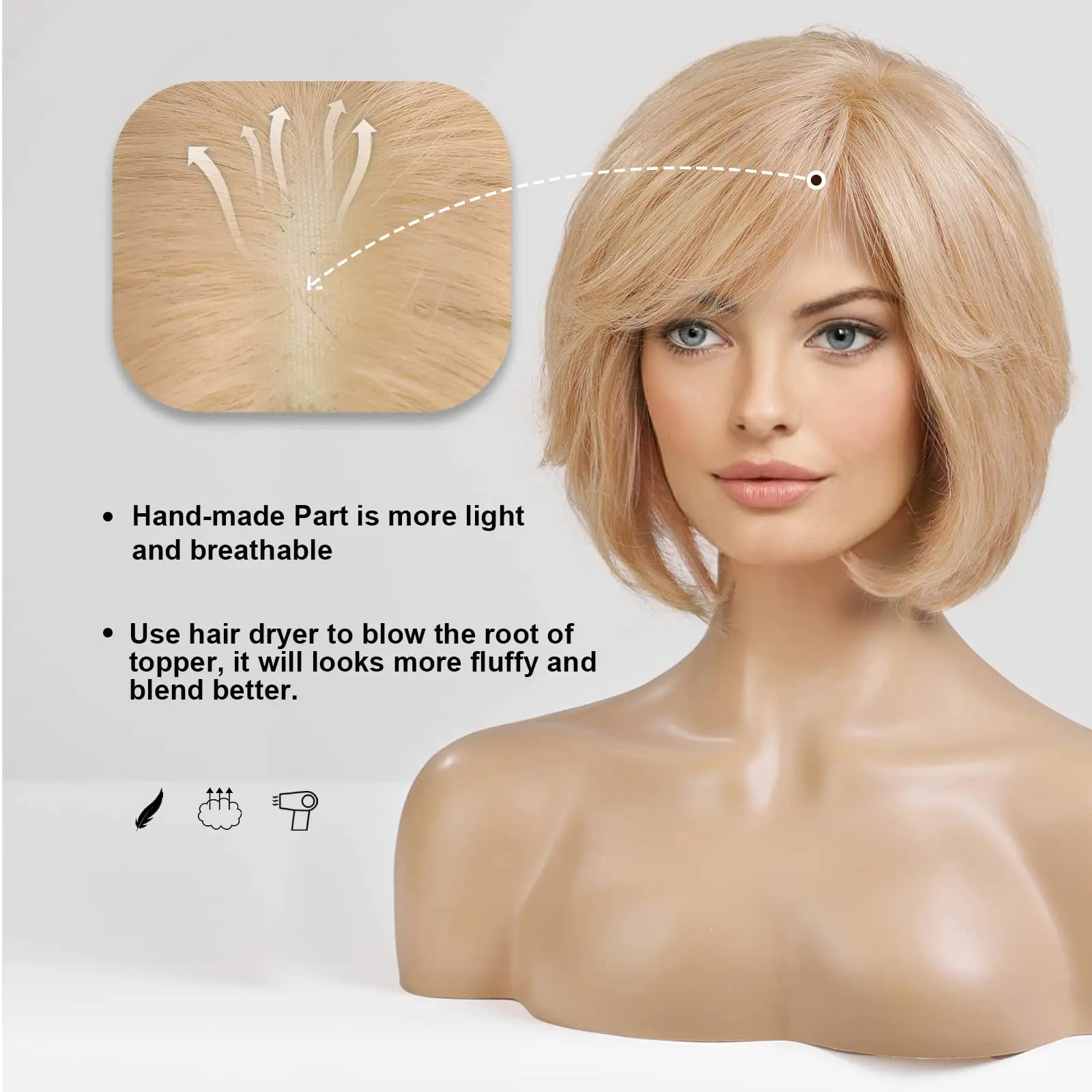 HD Lace Front Remy Human Hair Wig Short Blonde Wigs for Women Hand-Tied Lace Front Natural Layered Wig with Bangs Glueless Wigs