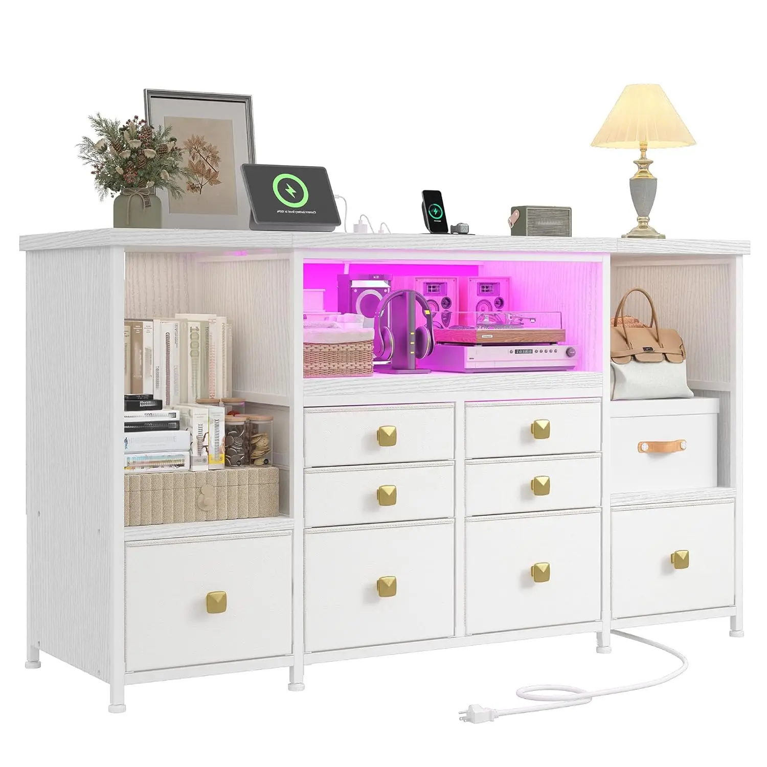 

Dresser for Bedroom with 8 Fabric Drawers & 17.5''H Semi-Open Wooden Shelf,TV stand with LED Lights & Charging, Customized