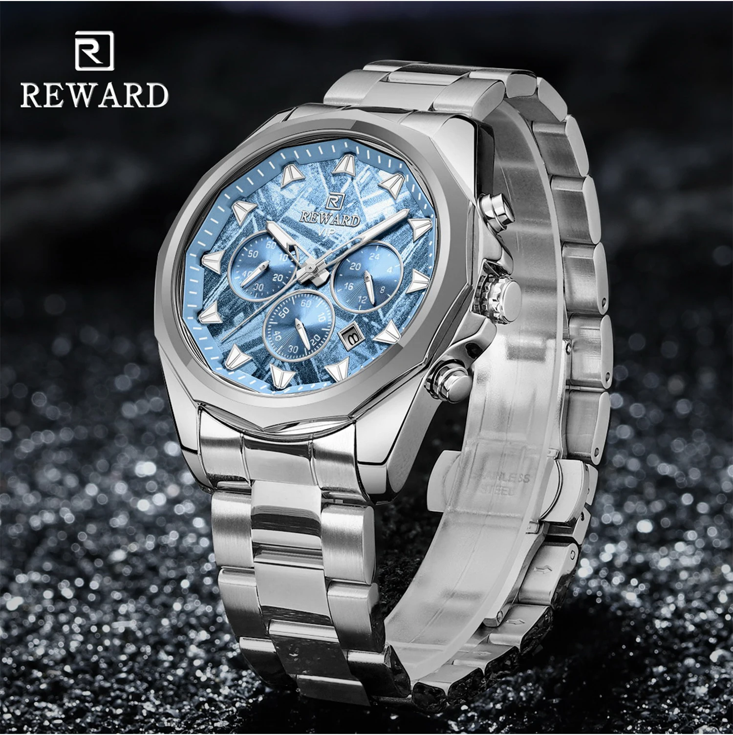 REWARD Ice Blue Quartz Watches for Men Waterproof Luminous Chronograph Watch Stainless Steel reloj hombre