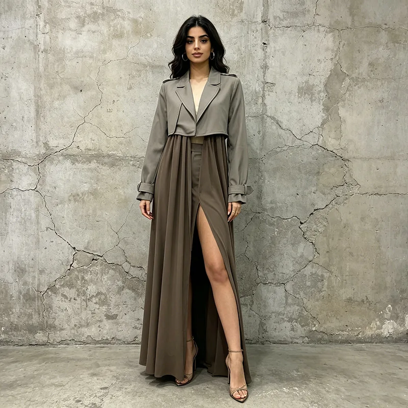 ZAMOR HIGH STREET Women European Chic Design Trench Coat 2026 New Long Sleeve Lapel Mesh Splicing Hem Tie Waist Top Outerwear