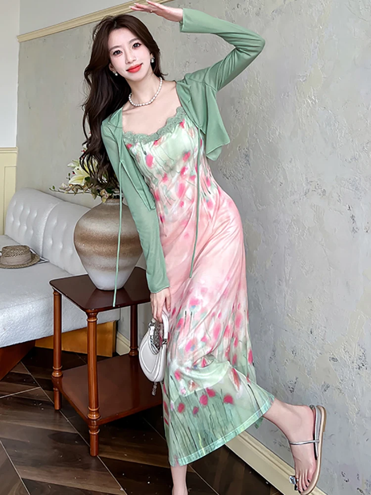 2025 nouvelle mode maille dentelle florale robe à bretelles + vert t-shirts deux pièces ensembles femmes été plage Style élégant tenue décontractée ensembles