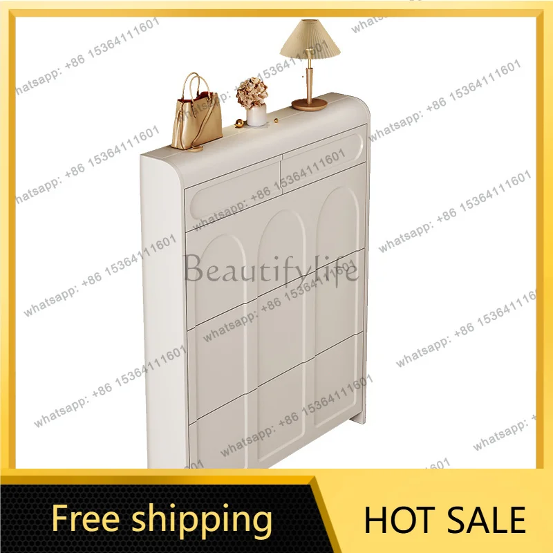 LJY Cream Color Flip Down Shoe Cabinet Ultra Thin Space Saving Entryway Storage Wall Shoe Rack Organizer