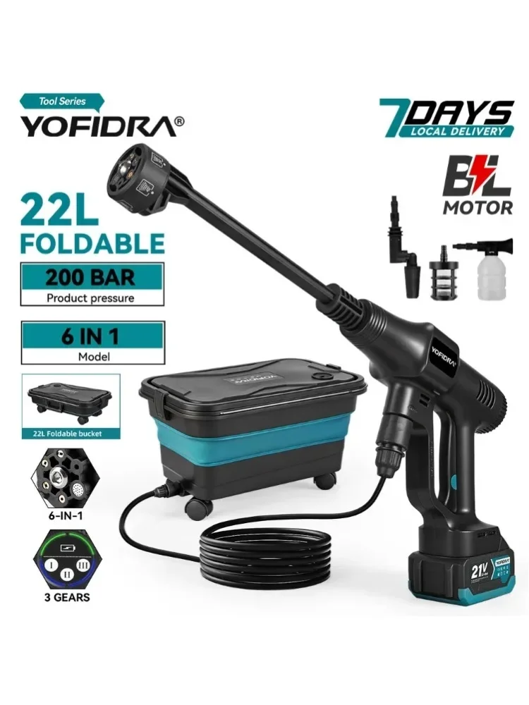 YOFIDRA 6-in-1 200Bar Bürstenloser Hochdruck-Autowäscher Wasserpistole Haushaltsreinigung Waschsprühpistole für Makita 21V Akku