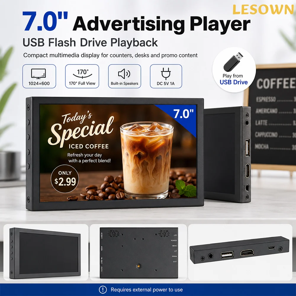 LESOWN Ultra Compact 7 Inch Multimedia Display USB Media Player Small Portable Digital Photo Frame Video Picture Music Player