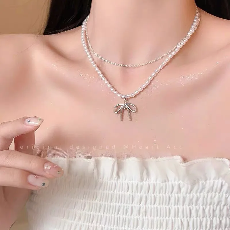 French Gentle Wind Imitation Pearl Bow Pendant Double Layer Necklace Ladies Elegant Temperament Hundred with Accessories Gift