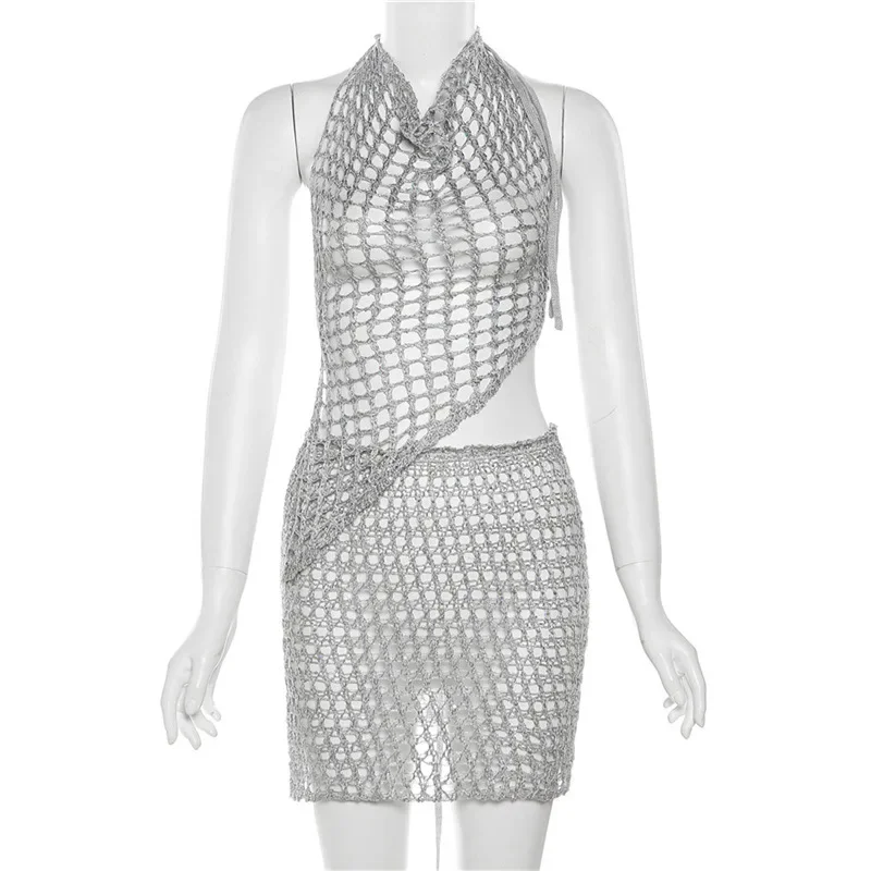 Sommer Sexy Hohl Stricken Häkeln 2 Stück Set Frauen Pailletten Mit Kapuze Backless Tank Tops + Shorts Hipster 2 Stück rock Set