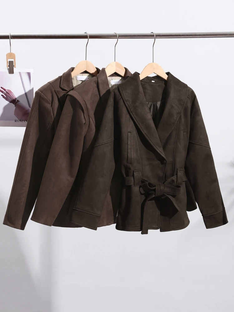 Dámská bunda z umělé semiše s odkládacím límcem a dlouhým rukávem, volný dámský kabát, podzim/zima 2025, dámské streetwear, retro outfity - náhled 6