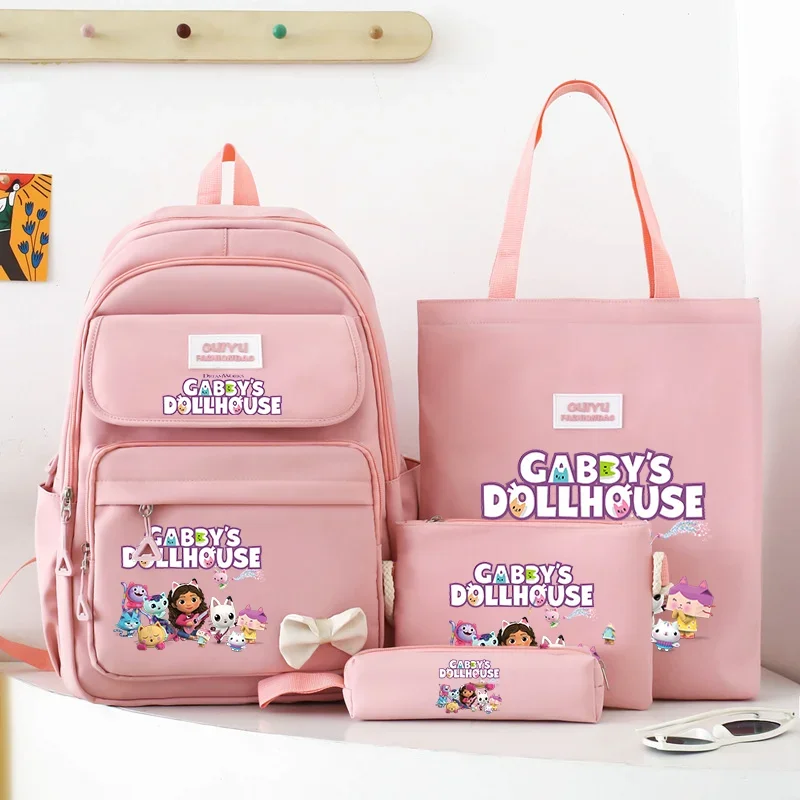 4pcs Gabby Dollhouse Backpack Harajuku Cute Anime Sweet School Bag Large Capacity Water-repellent Fashion Girls Bag Kids Gift