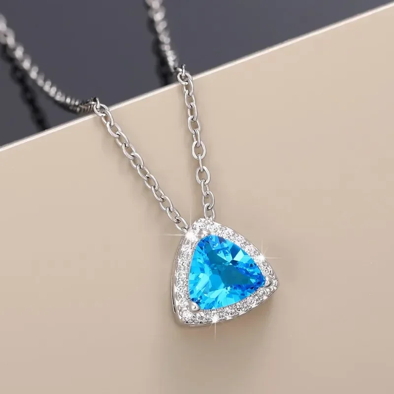 New Triangular See Blue CZ Pendant Necklace for Women  2024 Exquisite Bridal Wedding Neck Accessory Gift Statement Jewelry