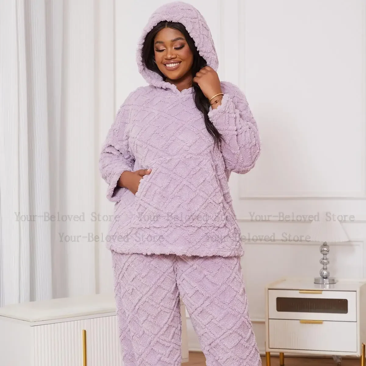 

Big Size 3Xl4Xl5Xl Pajamas Set Women Winter Warm Fleece Hooded Top&pants 2Pcs Nightwear Long Pijama Mujer with Pocket Outwear