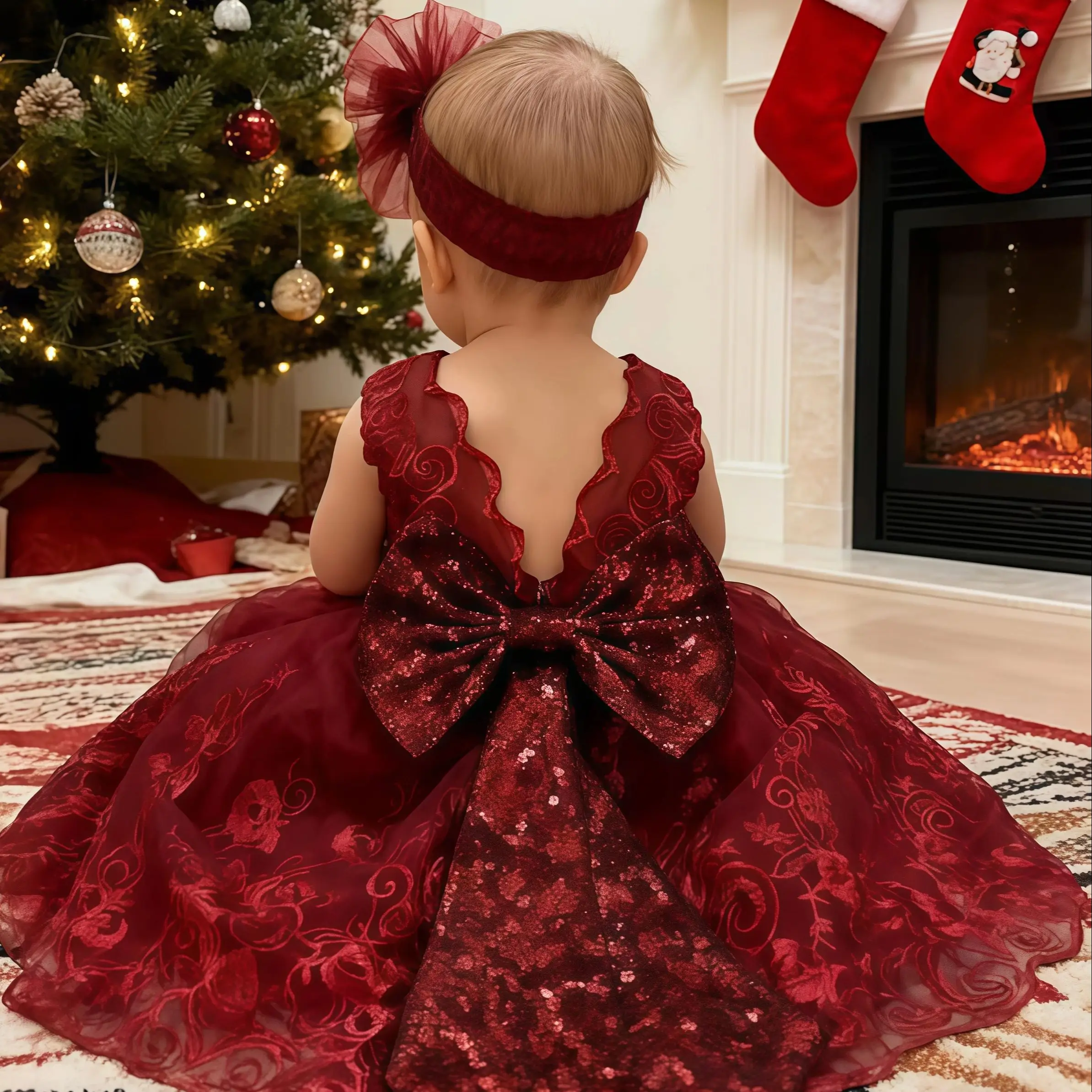 Baby Girls Sequins Lace Princess Dress With Headband For Infant Newborn Christening Baptism 1 Year Birthday Party Formal Vestido