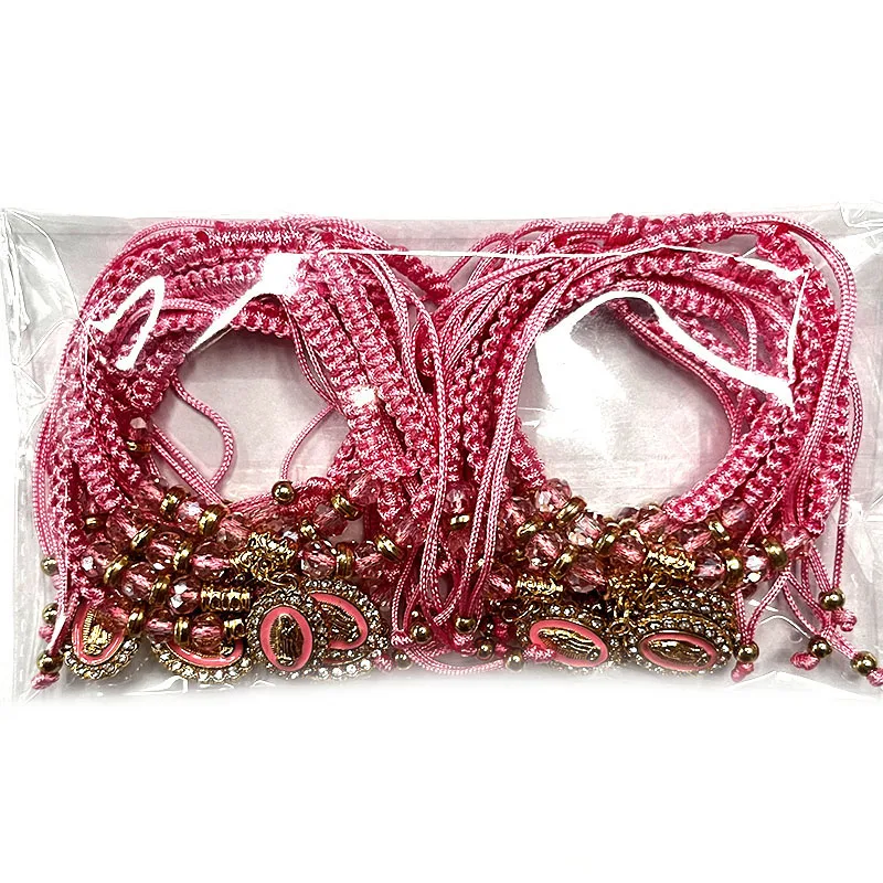 12Pieces Crystal Hanging A Hole Virgin Mary Pink Drip Oil Nylon Line  Woven  Bracelet  Prayer Or Have Protection Effect As Gifts