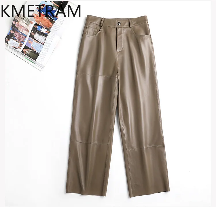 KMETRAM Sheepskin Genuine Leather Pant Woman Spring Autumn Straight Trousers Wide Leg Pants for Woman Plus Size Loose Pantalones