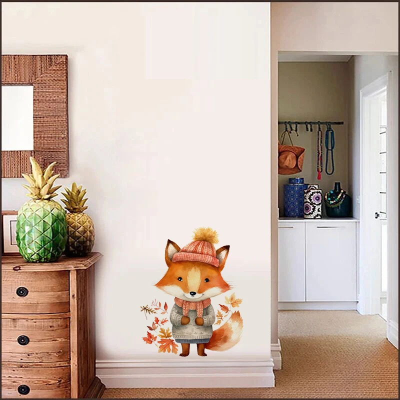 T775#Maple leaf And Fox Wall Sticker Kids Room Background Home Decoration Mural Living Room Wallpaper Funny Decal