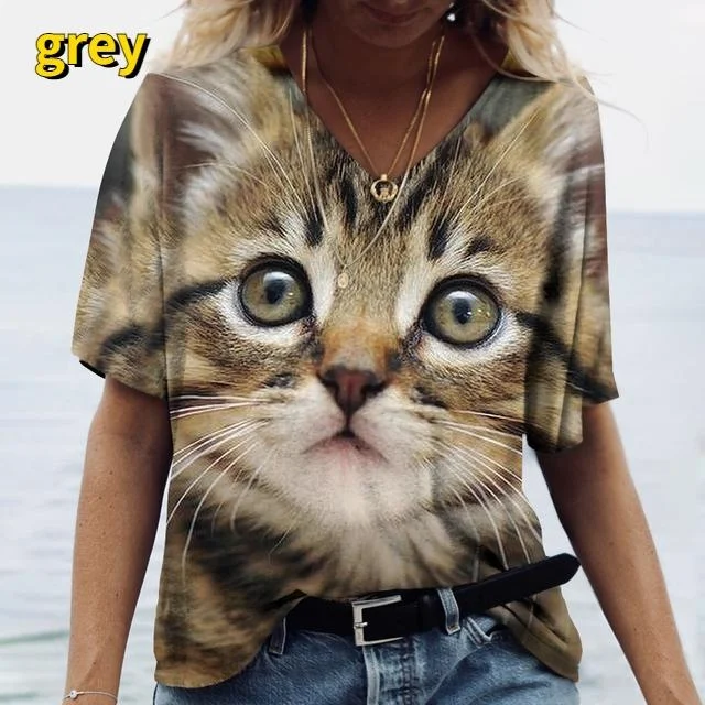 

2023 Women's Summer T Shirt 3d Cat Print Short Sleeve Top Casual FashionAnimal V-neck Women's Harajuku Shirt