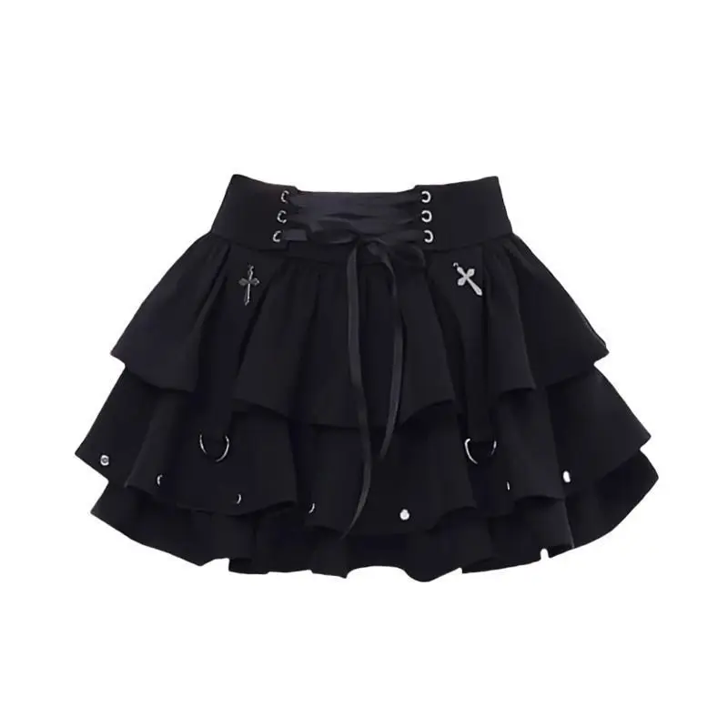2026 Summer Black Y2K Bandage Cake Skirt Women High Waist A-line Mini Skirt Unique Design Fluffy Casual Trendy Short Dress