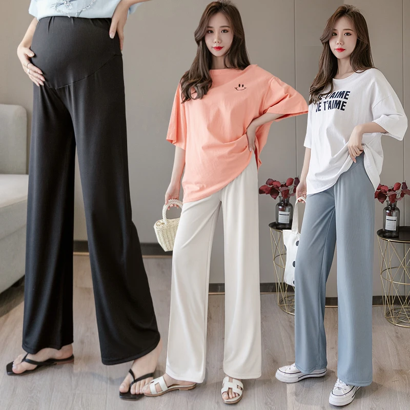 

Pregnant Women Spring Summer Thin Nine-point Pants Ice Silk Wide Leg Cool Pants Loose High Waist Knitted Maternity Pants