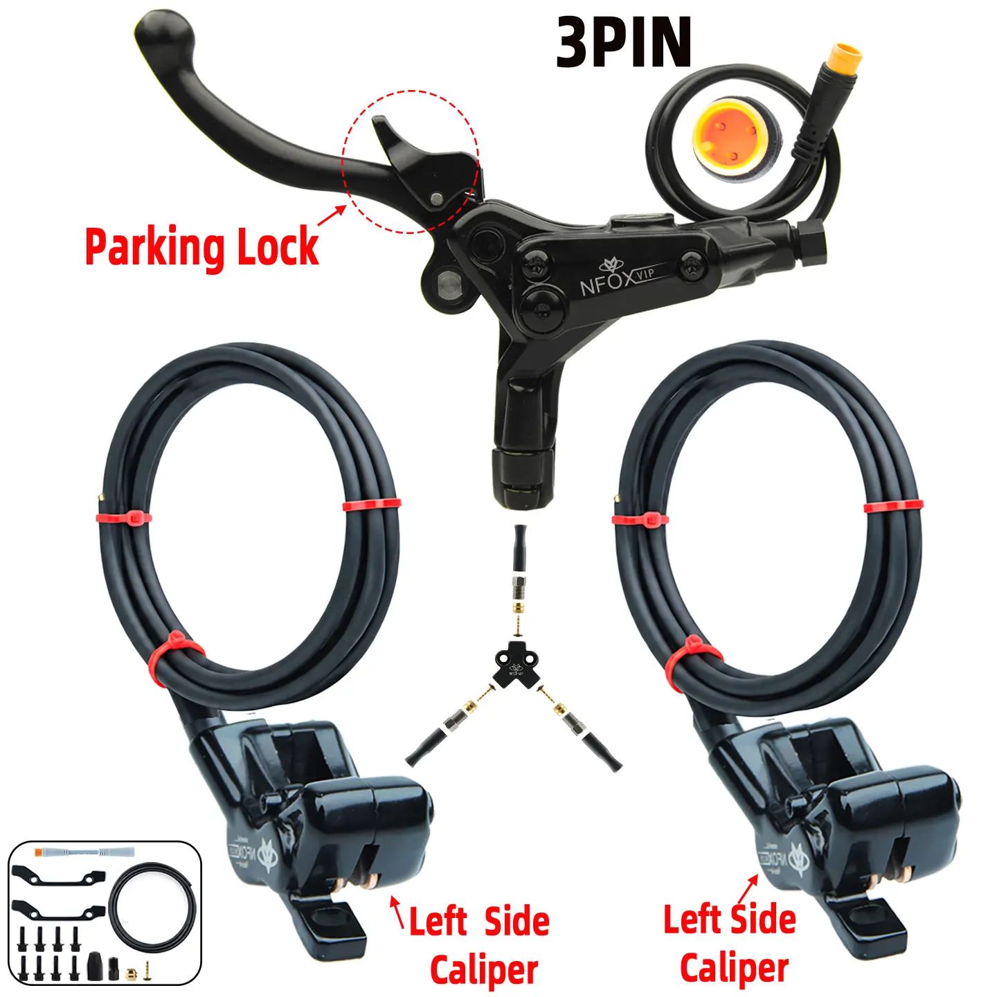 NFOX Electric Scooter Tricycle Brake with Parking Handle 4-Piston Heat Dissipation Hydraulic Caliper Three-Way One Drag Two Kit