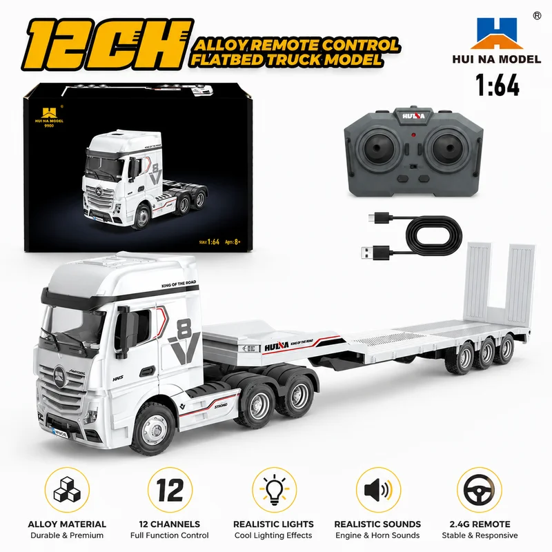 Huina 9900 RC Flatbed Semi‑Truck 1/64 Scale 12‑Channel Alloy Tractor Trailer 2.4G Remote Control Truck Light & Horn Sound Toy