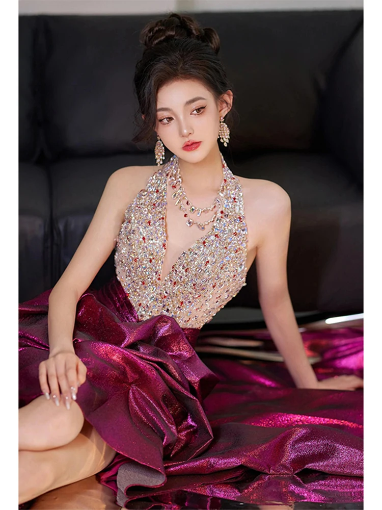 Ele vestido de noche largo Ne colgante Sle boda Dr rendimiento de lujo Dr para novia trabajo pesado KTV Par Dr