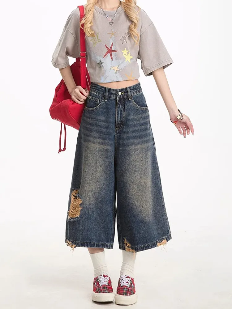 

Американские джинсовые брюки в стиле ретро с дырками, женские летние новые тонкие прямые широкие брюки с высокой талией, свободные повседневные брюки на семи футов