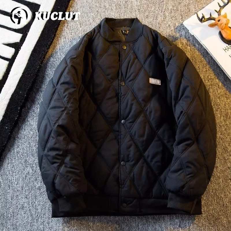 Men Winter Vintage Padded Jacket Loose Warm Durable Diamond Quilted Suitable Outdoor Sports Training Casual Wear Baseball Style