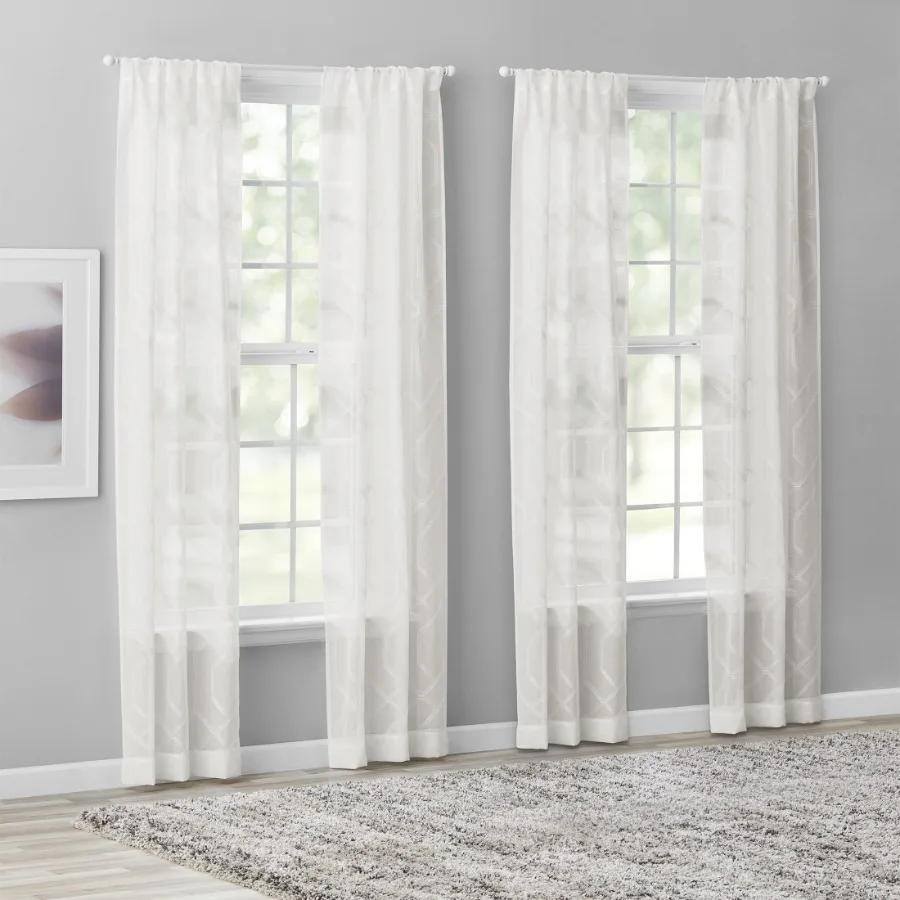 Modern Geometric Embroidered Rod Pocket Sheer Curtains Set of 4 White 28" W x 84" L
