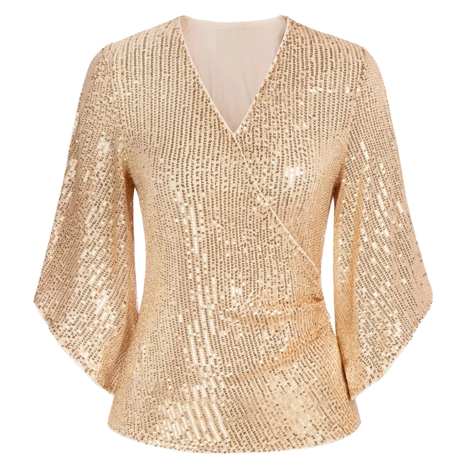 Camicetta da donna Top con paillettes Manica a 3/4 Glitter Sparkly Camicetta da festa Scollo a V Top eleganti per la festa serale Sottile Chic Blusas Para Muje