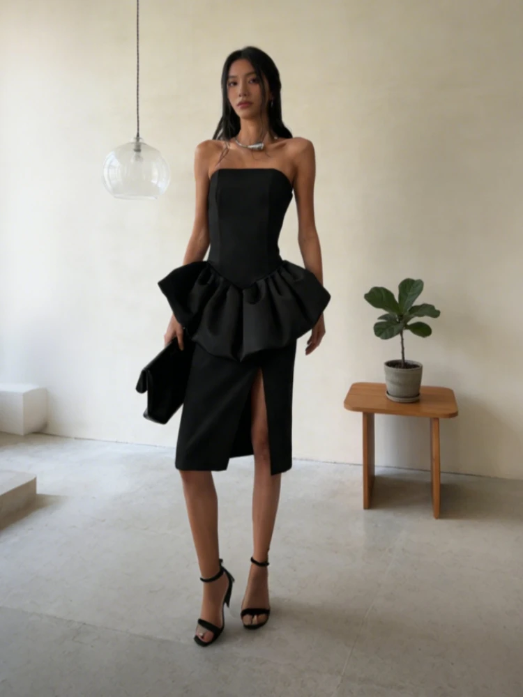 

Tsiisd Fashion Black 2 Piece-Set Skirt Sleeveless Strapless Puffy Skirt Vest High Waist Split Skirt Outfits Women Party Sets New