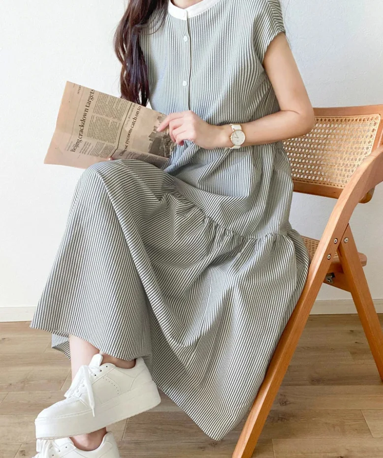 Summer Women's Long Sleeveless Dress round Neck Striped Loose Style Midi Skirt Cotton Polyester Fabric Short Sleeve Stand Collar