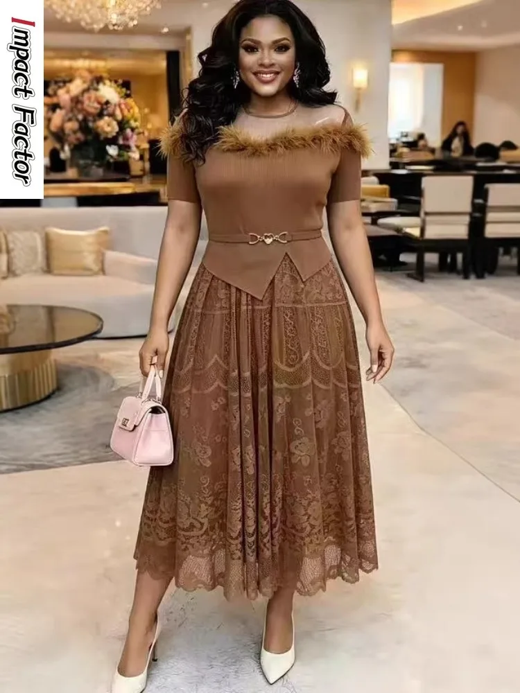 

Miyake Pleated Women's Clothing New Fixed-flower Lace Splicing Temperament Waist Short-sleeved Loose Women's Dress