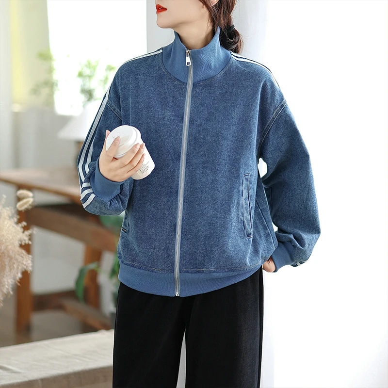Chic coréen Sle ort Denim Jaet femmes couleur Pure fermeture éclair col montant t-shirt barres manteau trajet coton Polyester mélange