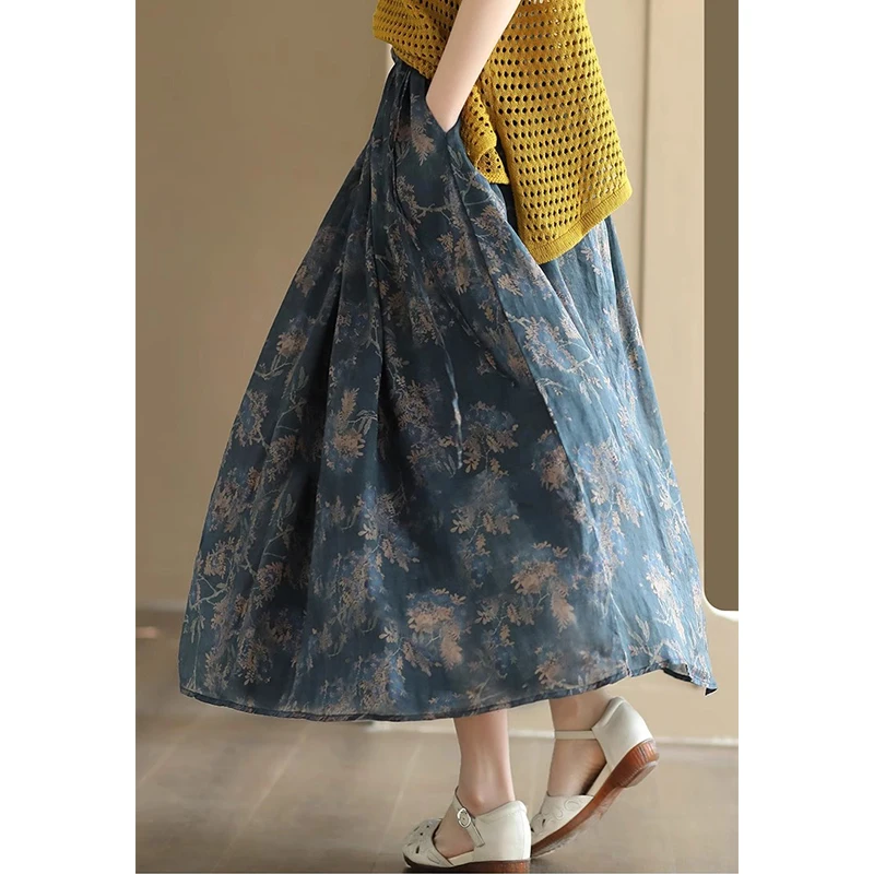جديد وصول الربيع/الصيف الفنون نمط المرأة فضفاضة عادية الأزهار طباعة ألف خط منتصف العجل تنورة نوعية جيدة القطن الكتان التنانير Y326 #2