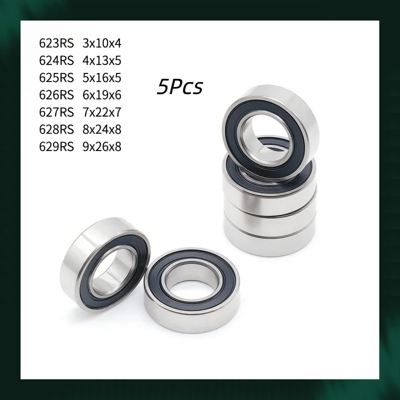 5Pcs Mixed Deep Groove Ball Bearings 623-2RS 624-2RS 625-2RS 626-2RS 627-2RS 628-2RS 629-2RS Double Rubber Sealed
