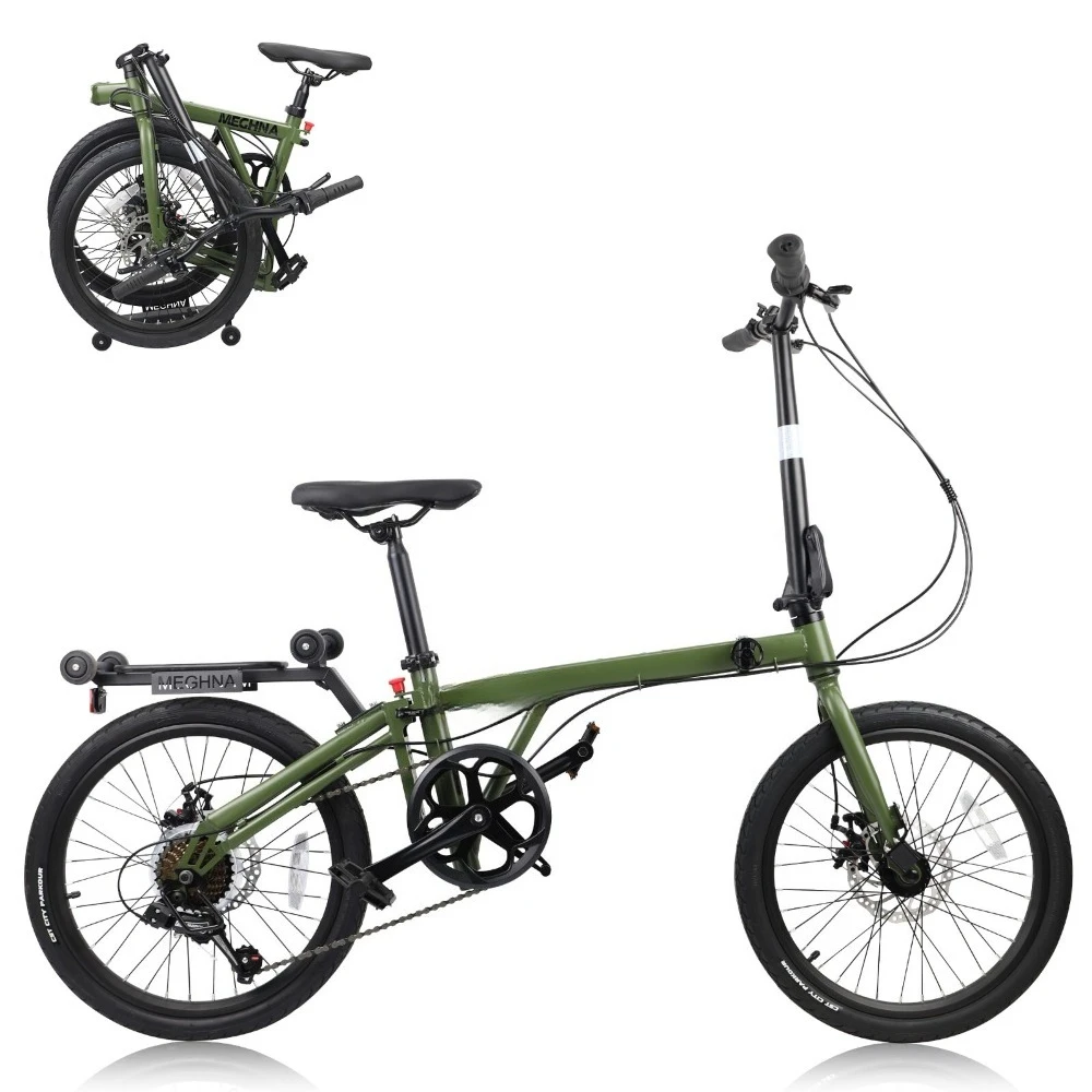Bicicleta plegable de 20 pulgadas para adultos, bicicleta plegable de 7 velocidades, verde