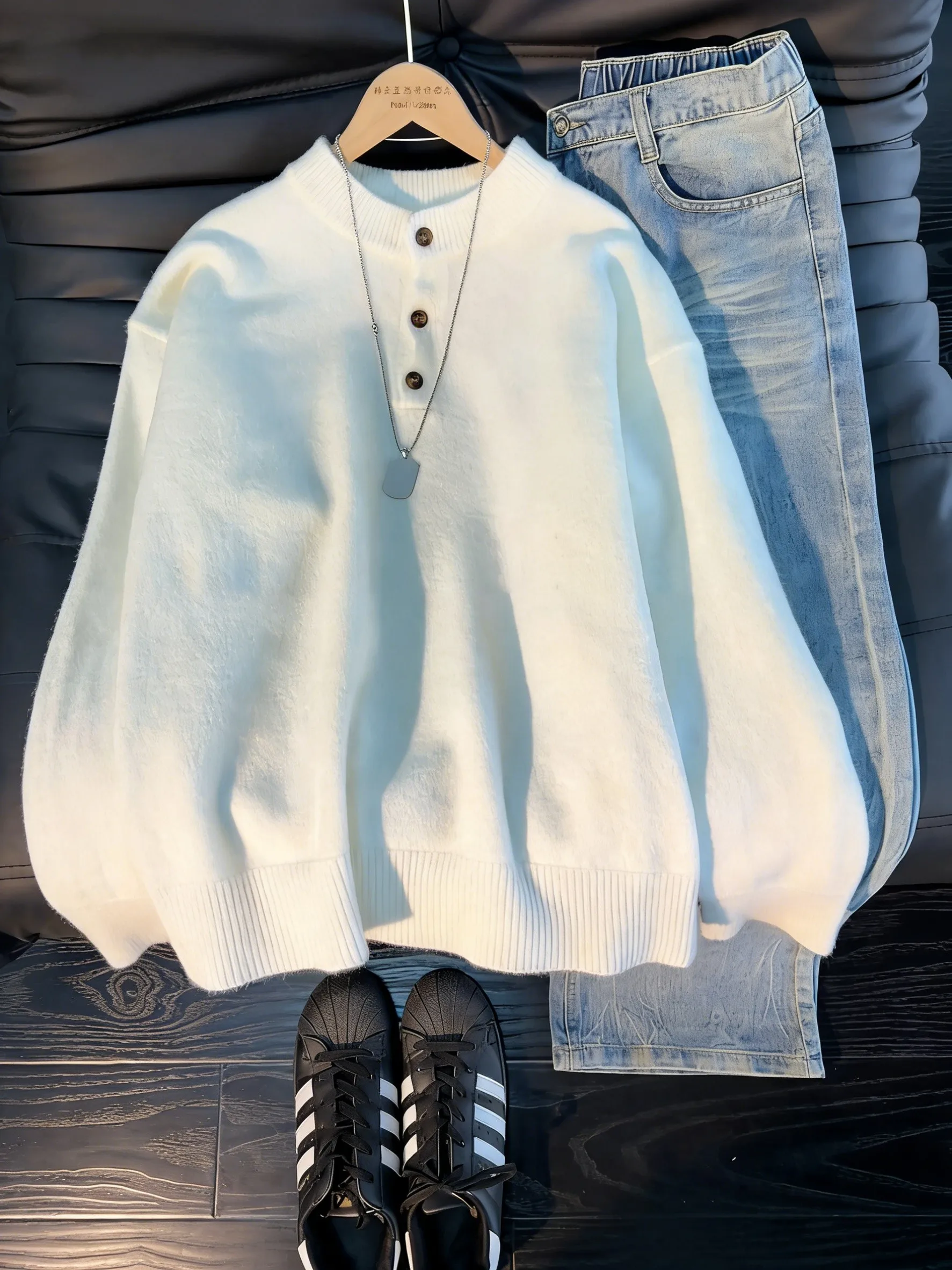 

American Sle Henry Collar White Knitted Sweater Men's Autumn Winter Lazy High-End Feeling Inner Wear Base irt Couple Coat