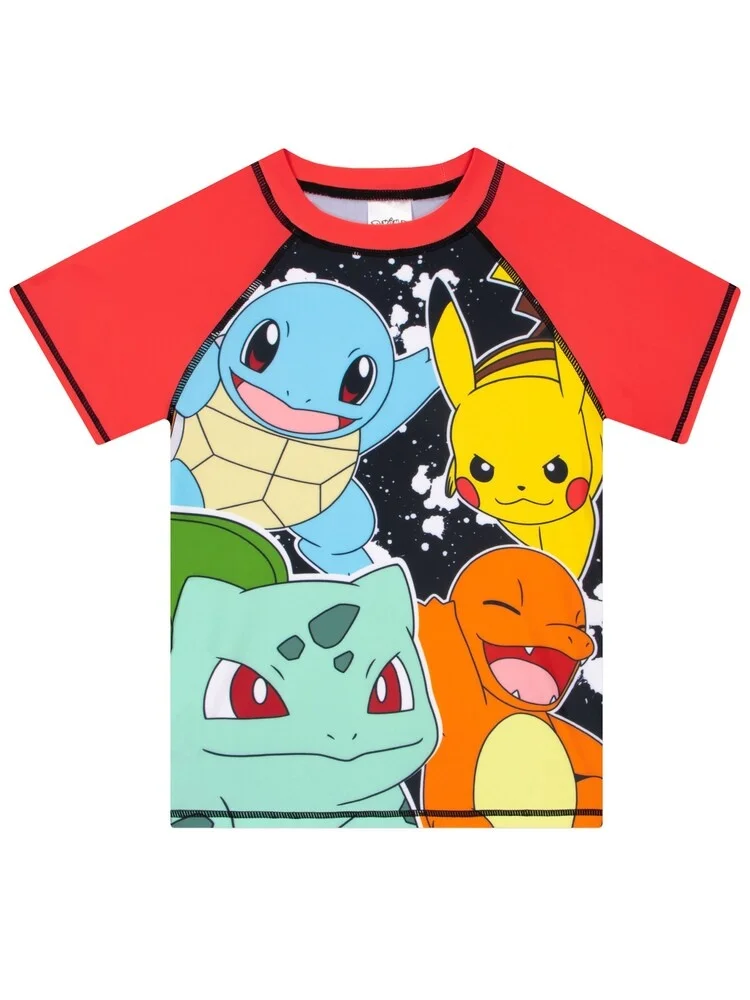 

Детская футболка с рукавами реглан и принтом Pokemon Kanto Starters & Pikachu, красная, семейная модель